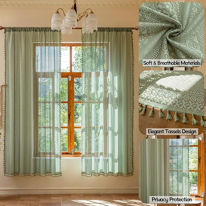 Sutuo Home Sage Green Boho Sheer Window Curtains 72 Inch Long 2 Panels | Lace - Image 2