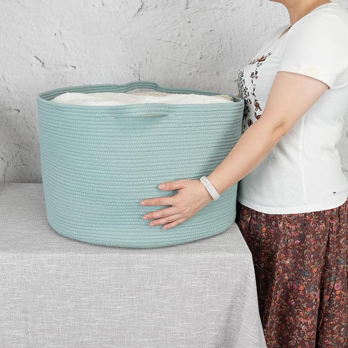 XUANGUO Extra Large Cotton Rope Round Storage Basket 22" x 14" Light Green | - Image 3