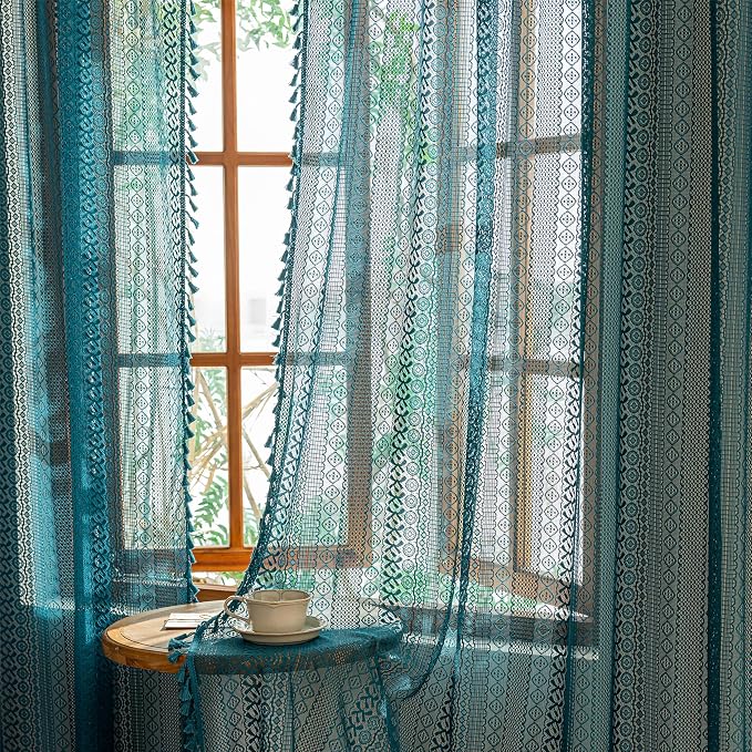 Sutuo Home Teal Boho Lace Curtains 72 inches long - Image 2