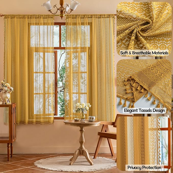 Sutuo Home Gold Lace Boho Curtains 2 Panels - Image 2