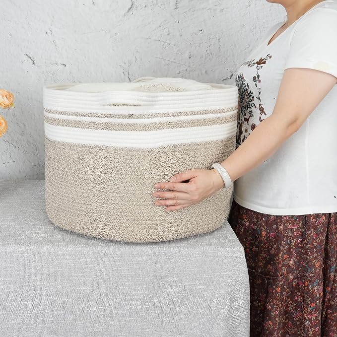 XUANGUO Extra Large Cotton Rope Round Storage Basket 22" x 14" | Woven basket - Image 3