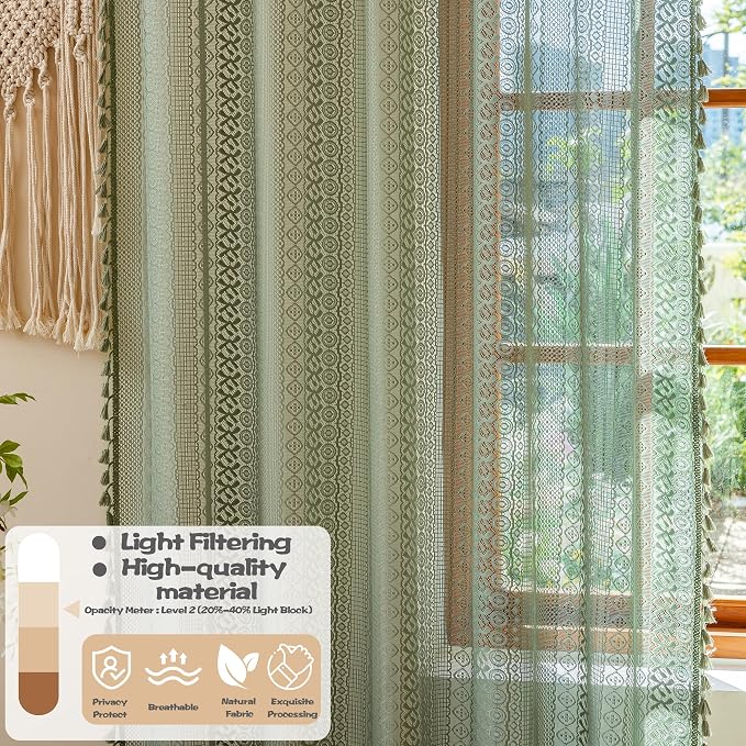 Sutuo Home Sage Green Boho Lace Sheer Curtains 84 Inches Long - Image 4