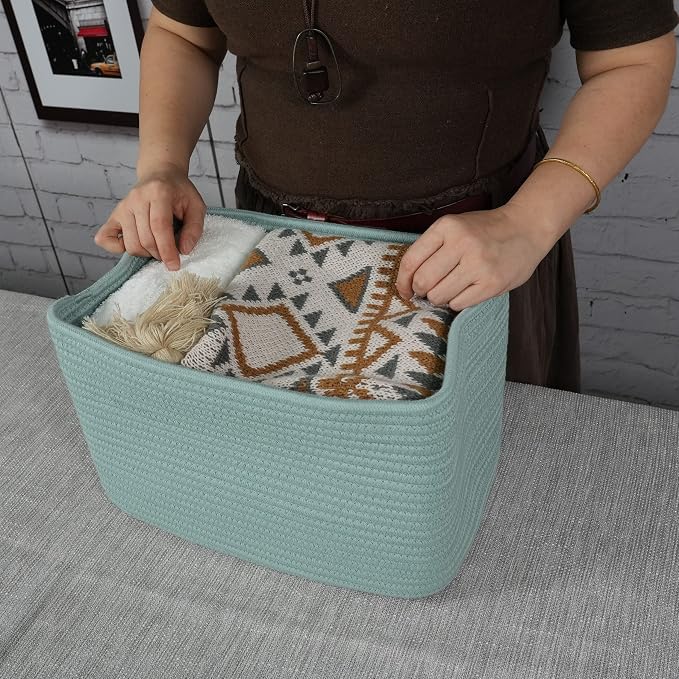 XUANGUO Woven Cotton Rope Storage Baskets 15x10x9.3" 3 Pack Green | Decorative - Image 3