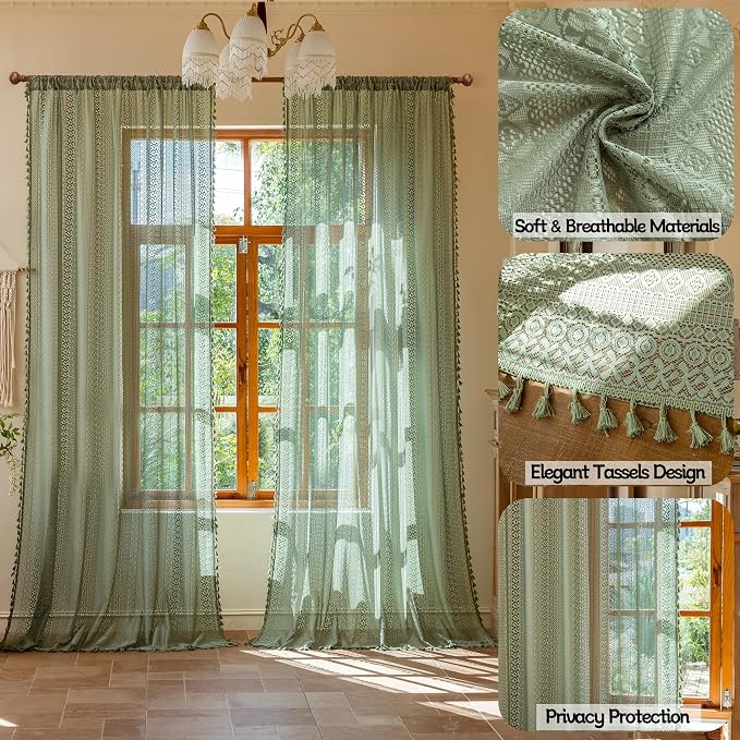Sutuo Home Sage Green Boho Lace Sheer Curtains - Image 2