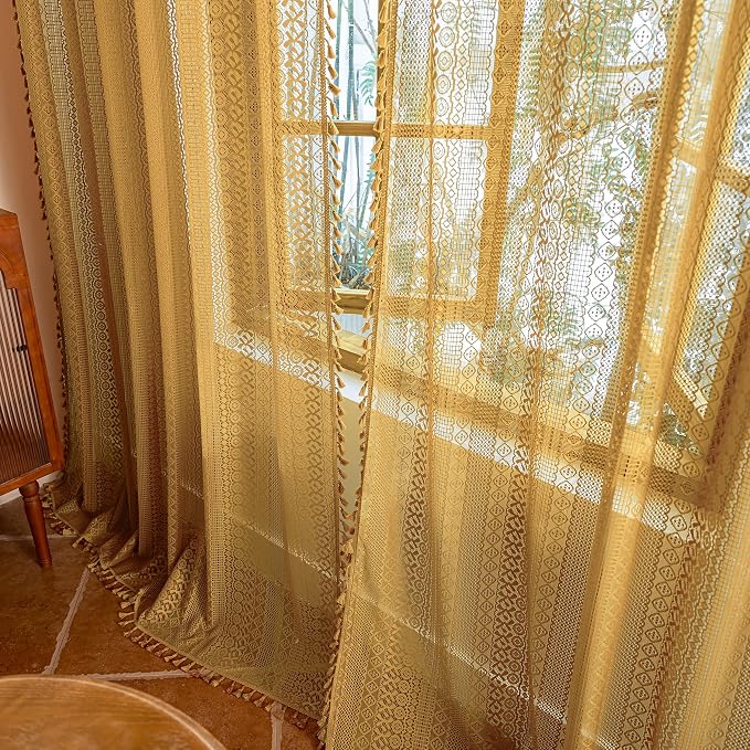 Sutuo Home Gold Lace Boho Curtains 2 Panels - Image 8