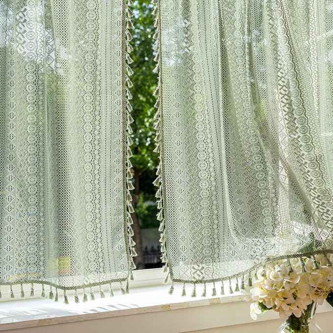 Sutuo Home Sage Green Sheer Boho Kitchen Curtains 2 Panels 54 inches Long | - Image 8